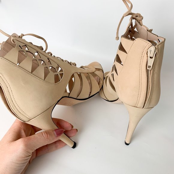 Anthropologie Klub nico cream lace up heels peep toe 9 - Picture 6 of 10